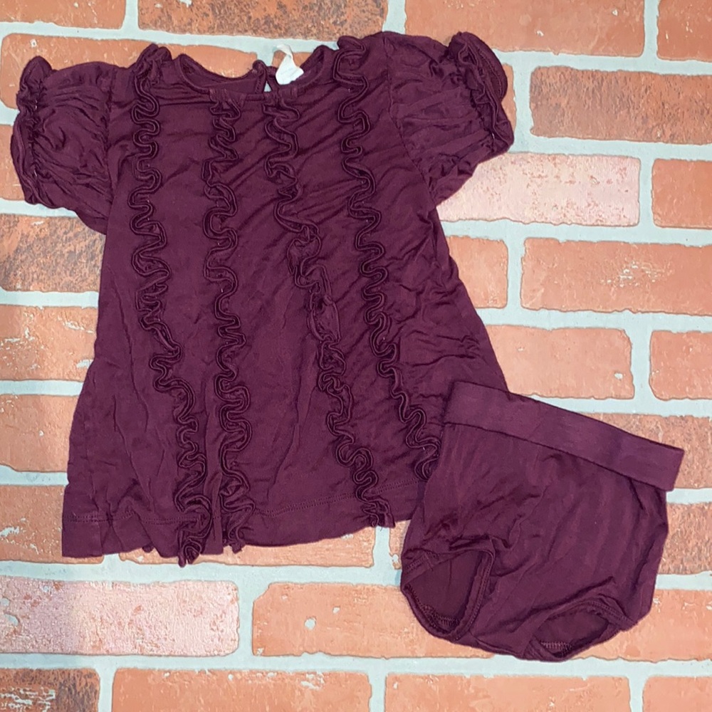 Kate Quinn wine burgundy bamboo ruffle shirt dress and bloomers